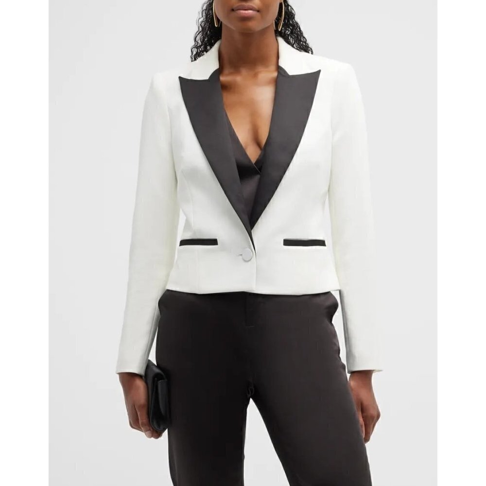 L'AGENCE Scarlet Colorblock Tuxedo Crop Blazer Jacket Ivory Black Womens Size 10